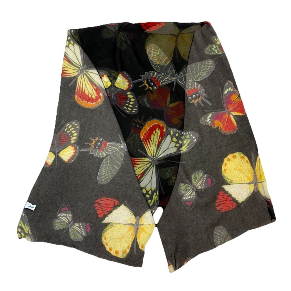 Vintage Silk Chiffon Scarf Butterflies on Black 14 x 52 in Boho Hippie Butterfly